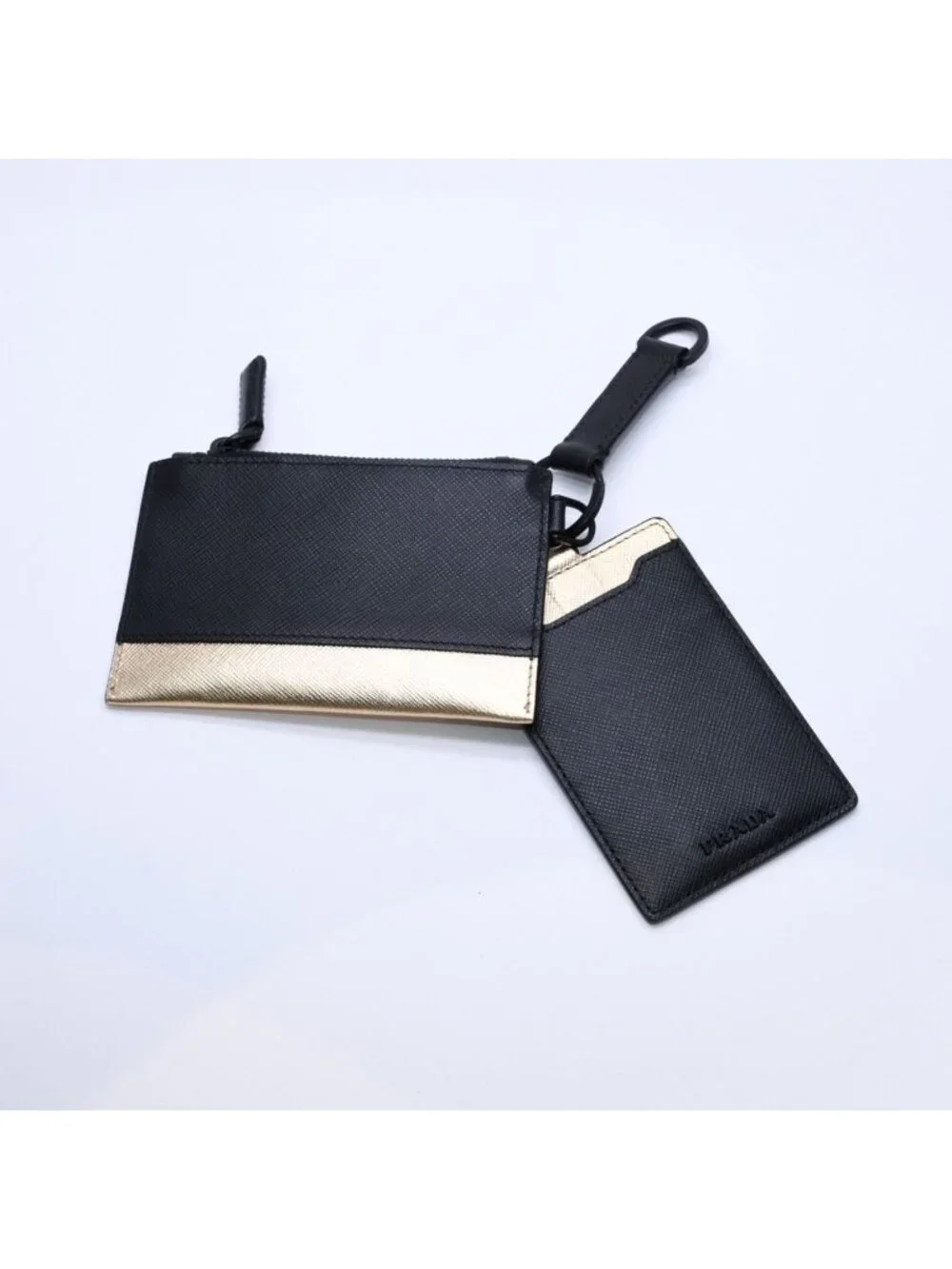Prada Logo Coin Purse Card Curse Saffano Leather Black Gold